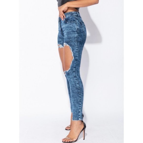 Blue Acid Wash High Waist Ripped Distressed Skinny Jeans Denim Pants - Picture 4 of 10